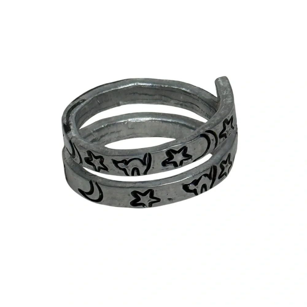 Handmade stamped witch core celestial black‎ cat silver adjustable wrap ring